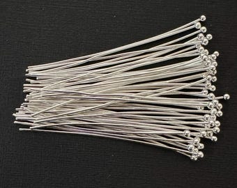 50 Silver Plated Ball End Head Pins: 22 Gauge, 2 inch