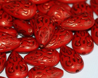 50 vintage Acrylic teardrop beads 18x11mm Red with gold accent