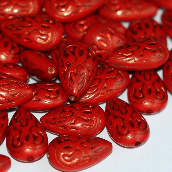 50 vintage Acrylic teardrop beads 18x11mm Red with gold accent