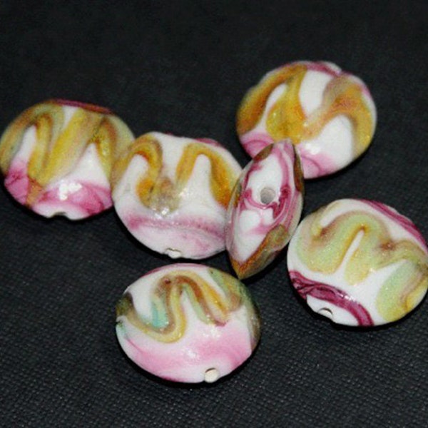 10 pcs   handmade lampwork beads flat round with gold foil 19mm - pink/white/green