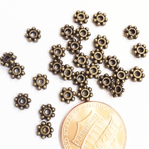 100 Antique Bronze Flower Spacer Beads: 4mm Daisy Beads