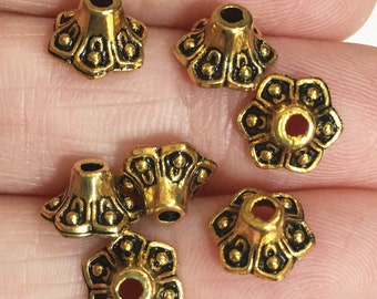 50 Antiqued gold bell flower dotted bead caps 9mm