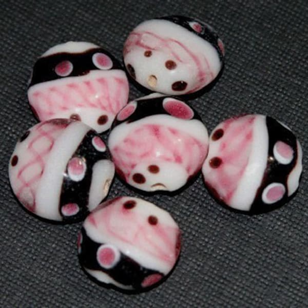 10 pcs  lampwork beads flat round 15mm - pink/Black/white 5