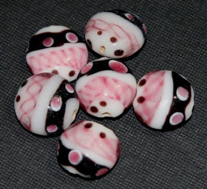 10 pcs lampwork beads flat round 15mm pink/Black/white 5 image 1