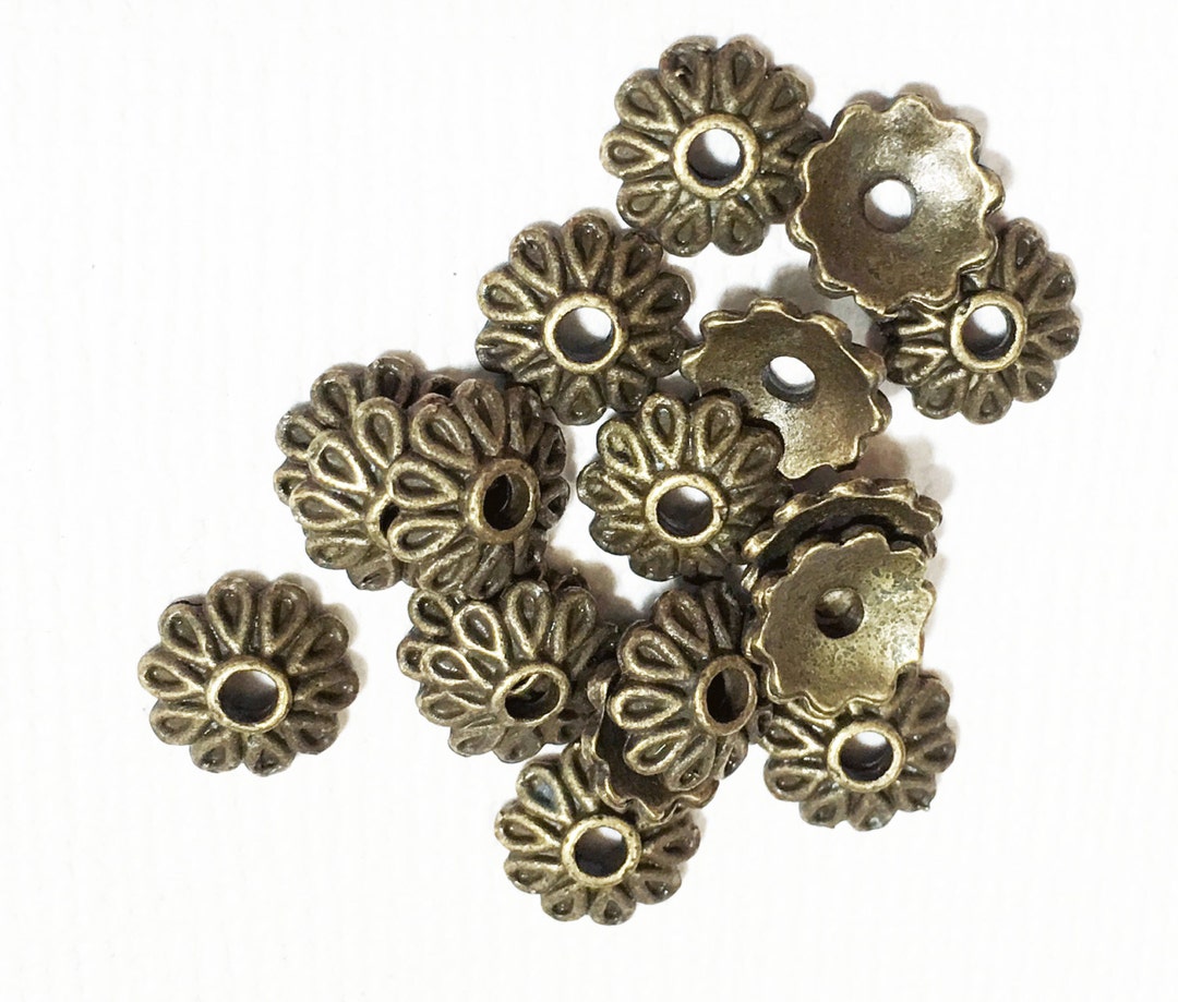 50 Pcs Antiqued Brass Flower Bead Caps 8mm, Antique Brass Alloy Bead