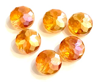 6 pcs  two tone flat round crystal beads   beads 18mm, electroplated crystal beads  Orange