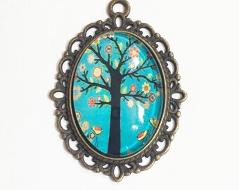 2 Glass cabochon with antique brass setting, antique brass pendant, zinc alloy Blue tree pendant 30x21mm