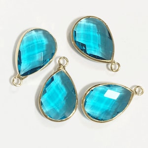 4 glass faceted teardrop pendant with Gold frame, Clear  Blue glass drops 22x14mm, framed glass teardrops