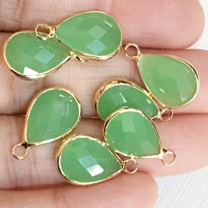 4 glass faceted teardrop pendant with Gold frame, Light Green glass drops 18x11mm, framed glass teardrops