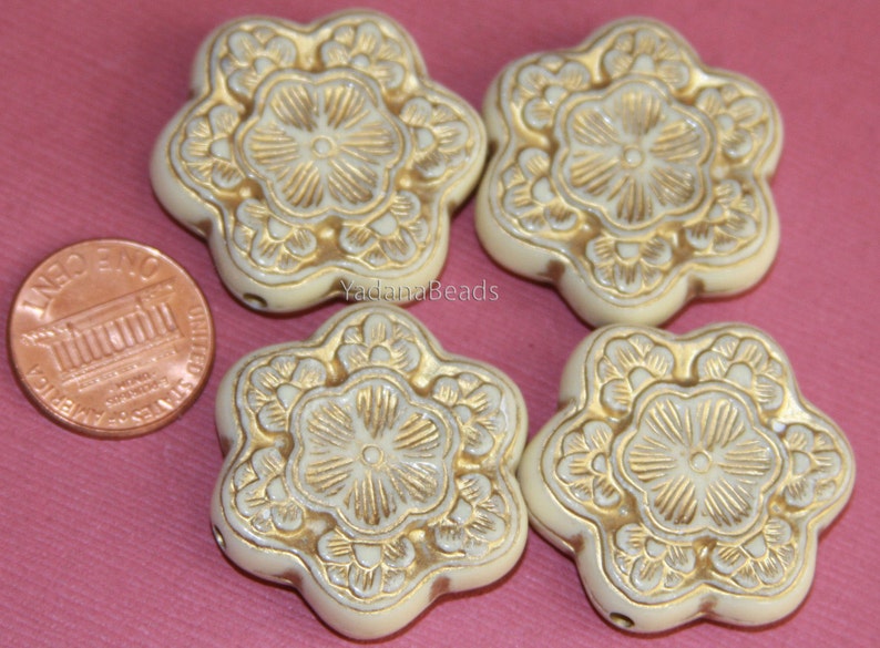 Vintage Acrylic flower beads 30mm Cream with gold accent
