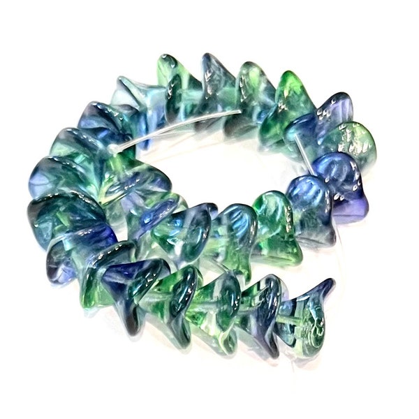 25  Czech glass bell flower glass beads Blue Green 11mm