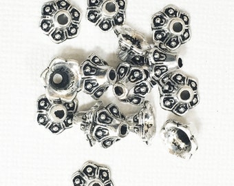 25 pcs  Antiqued Silver bell flower dotted bead caps 9mm