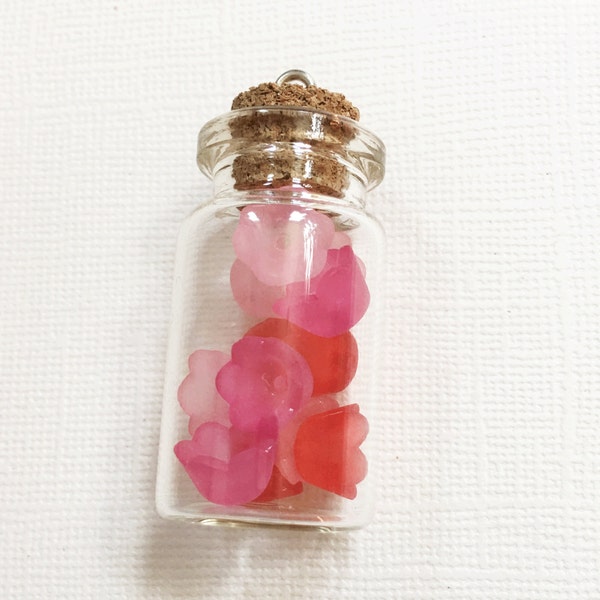 2 pcs  Pink flower glass bottle pendant 49x22mm, bottle with flower, stopper and screw eye