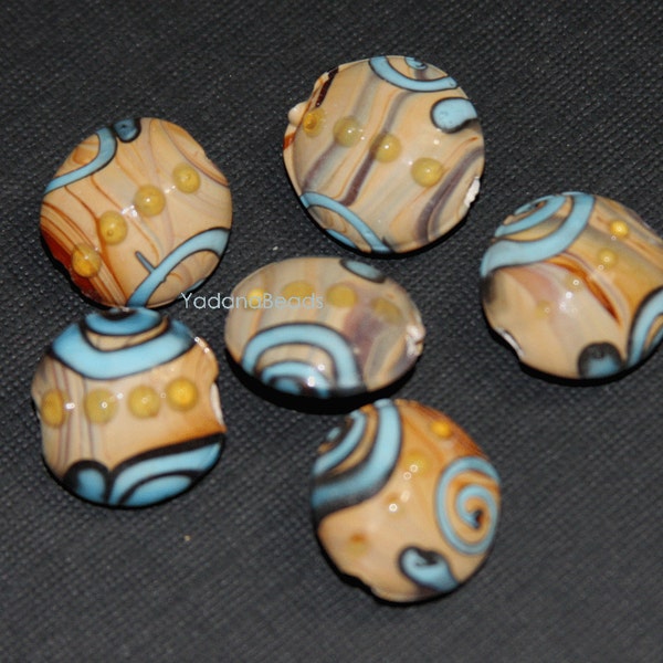 10 pcs  lampwork beads flat round 17mm - brown/Blue 2