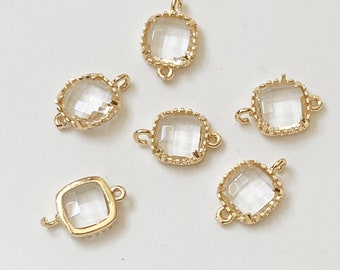 6 Glass faceted square with  brass setting 15x9 mm Clear , glass connector 1/1 loop gold tone with lace