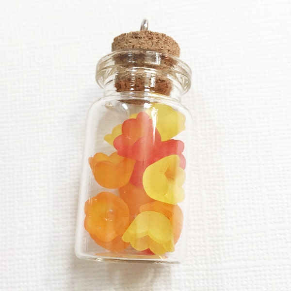 2 pcs  Orange flower glass bottle pendant 49x22mm, bottle with flower, stopper and screw eye