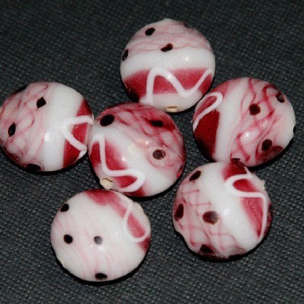 10 pcs  lampwork beads flat round 15mm - pink/white/black 2