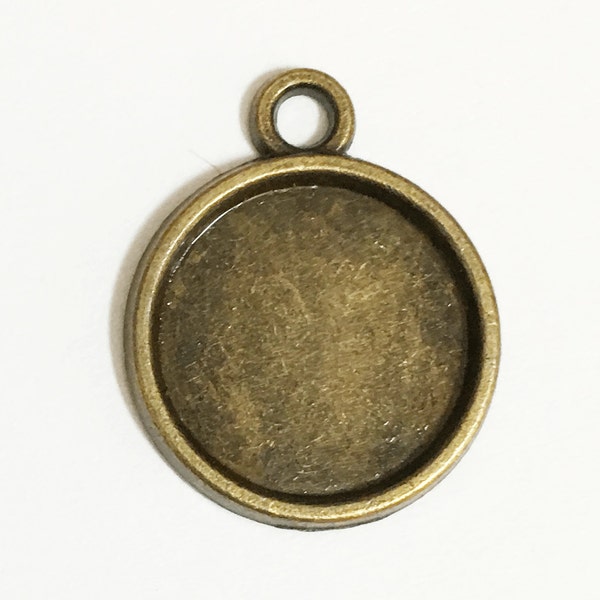20 Antique brass flat round Cabochon setting for 12mm Cabochon , antique brass connector 18x15mm