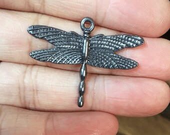 12 Gunmetal Dragonfly Pendants: Zinc Alloy Charms (35x28mm)