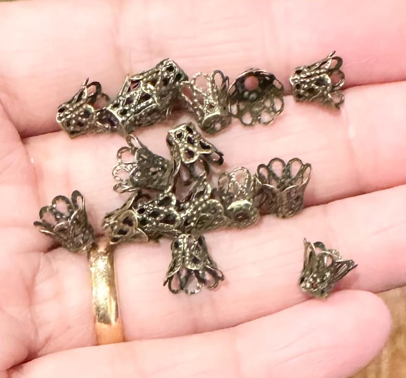 50 Antique Brass Bell Flower Filigree Bead Caps - 8mm image 2
