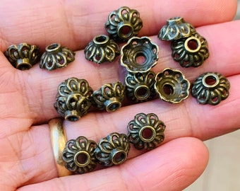 50 pcs  antique brass flower beadcap 9x10mm, antique brass alloy bead caps