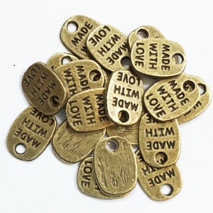 60 pcs  Antique bronze 'made with love' charm 11x8mm, gold massage charm, Bulk gold massage tags