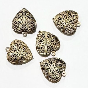 Antique Brass Filigree Heart Locket Pendants - 20x20mm - (5 pcs image 1