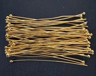 100 Gold Plated Brass Ball End Head Pins: 22 Gauge, 2 Inch