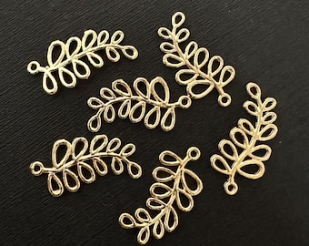 30 Light Gold Plated Brass Leaf Branch Pendants (19x11 mm)