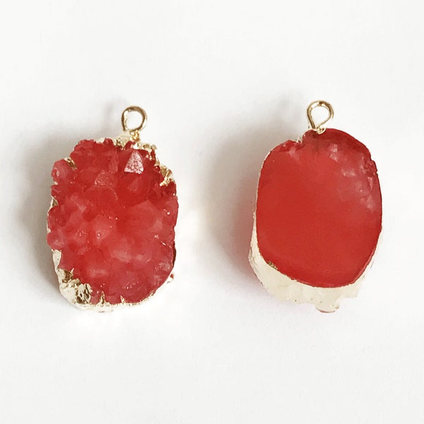 4 Red Resin Druzy Crystal style pendant drop , Red oval resin pendant