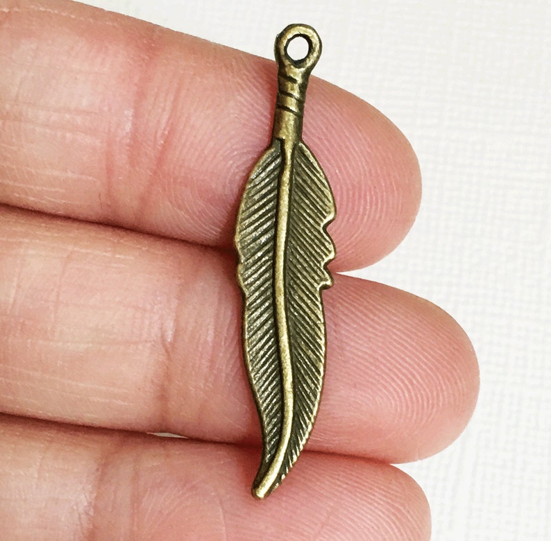 10 pcs antique brass finished medium feather drop 8x36mm, alloy feather charm, antique brass feather charm image 2