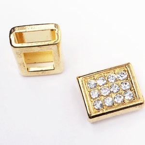 4 pcs  Clear rhinestone slide charm, Gold tone alloy slide charm 13x16x7mm