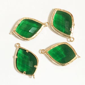 4 glass faceted teardrop pendant with Gold frame, Emerald Green glass drops 26x14mm, framed glass teardrops