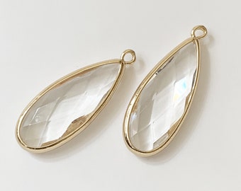 4 glass faceted teardrop pendant with Gold frame, Clear glass drops 36x14mm, framed glass teardrops