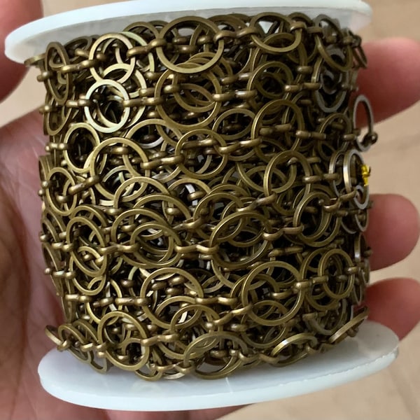 32 ft  Antiqued brass circle links chain 6mm-10mm (Lead safe- NIckel safe)