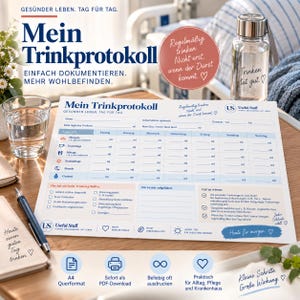 Könnte beinhalten: Ein weißes A4-Querformat-Trinkprotokoll mit Spalten für Wochentage und Zeilen für Tageszeiten. Das Dokument enthält Abschnitte für Notizen, Tipps und Checkboxen für tägliche Gewohnheiten, gestaltet mit blauen und roten Textelementen und Symbolen.