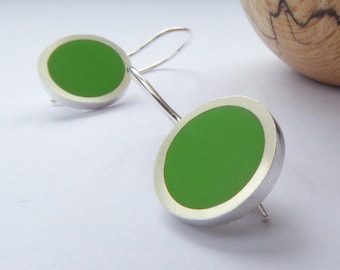 Leaf Green Round Drop Earrings in Sterling SIlver and Resin - Birthday Gift for a Friend - Pop Drop Earrings