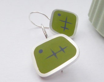 Green Square Silver Earrings - Mothers Day - Atomic Short Drops