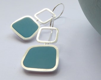 Square Teal Blue Recycled Silver Earrings - Colourblock Square Drop Earrings