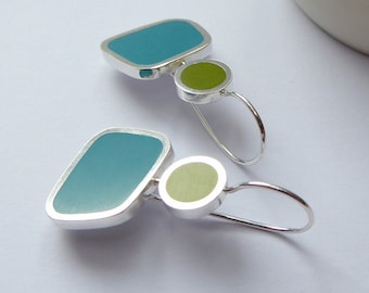 Square Colour Block Earrings in Pesto Green and Teal Blue - Christmas Gift for Her - Colourblock Earrings