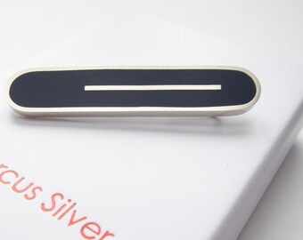 Bar Brooch in Sterling and Ink Blue Resin - Loop Silver Stripe Brooch