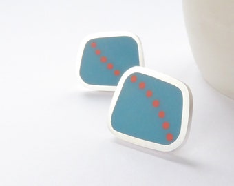 Square Teal Blue and Red Stud Earrings in Silver & Resin - Curve Short Studs