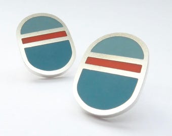 Oval Teal Blue & Orange Minimalist Silver Earrings - Loop Studs