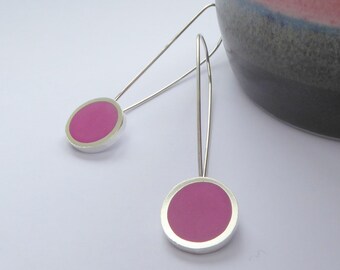 Round Magenta Minimalist Dangle Earrings - Sustainable Fashion - UK Made Sister Gift - Pop Long Drop Earrings