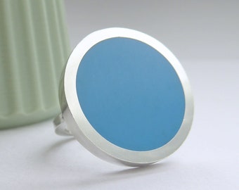 Retro Round Cocktail Ring - Pool Blue Minimalist Silver and Resin Ring - Pop Ring