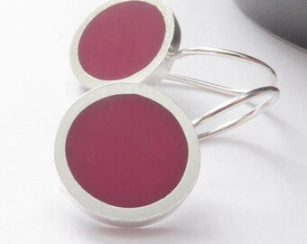 Burgundy Red Round Silver Earrings - UK Jewellery - Pop Short Drops