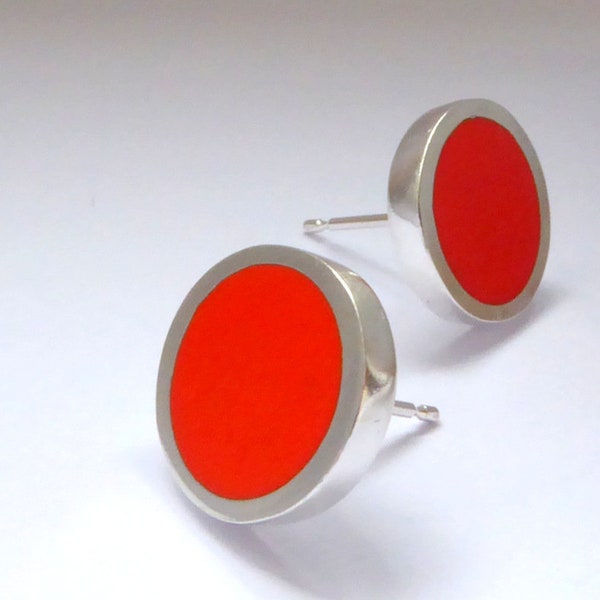 Big Round Silver & Orange Resin Stud Earrings - Birthday Gift for a Friend - Pop Large Stud Earrings