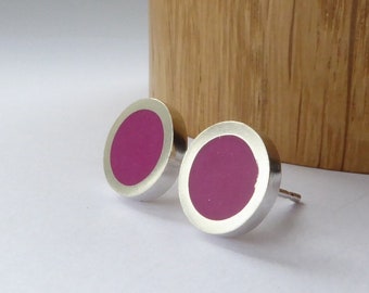 Magenta Pink Round Minimalist Silver Stud Earrings - Birthday Gift for Her -  Pop Small Studs