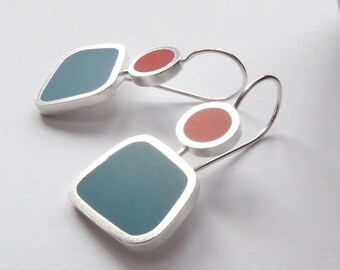 Blaugrün und Orange Harz Ohrringe: Sterling Silber Colourblock Schmuck