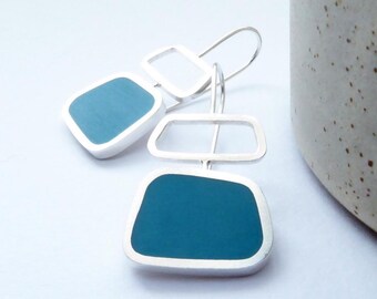 Square Earrings - Retro Teal Blue Statement Jewelry - Colourblock Wide Drop Earrings